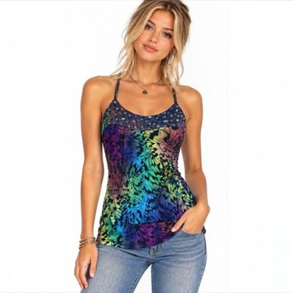 Studio Y Womens Y2K Rainbow Butterfly Tank Top Coquette Fairy Sequins Cami Sz M